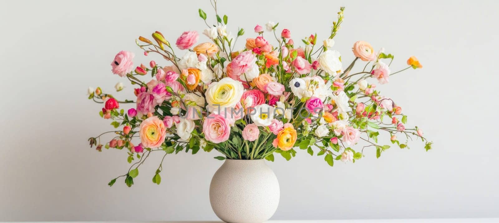 Lush bouquet of colorful ranunculus, lisianthus, and other flowers in a white vase on a white table against a white wall