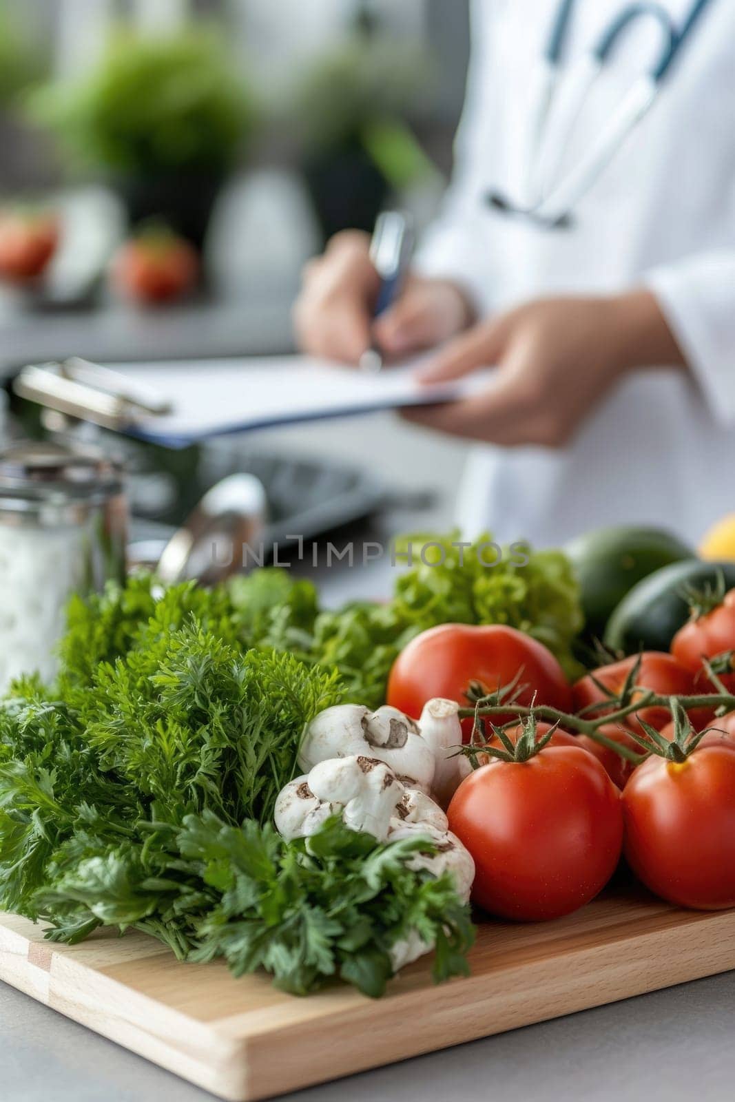 Doctor nutritionist: fresh vegetables, ripe fruits, balanced diet, proper nourishment, health strategy, wholesome food, dietary advice, nutritional focus, mindful eating, nutritious meals