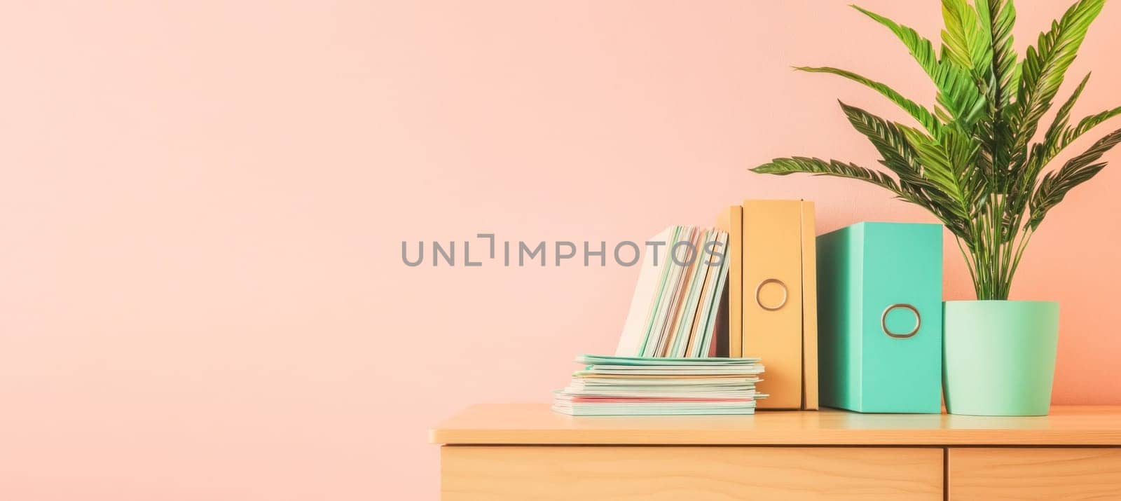 Colorful office supplies, binders, and a potted plant create a cheerful workspace on a wooden desk against a pink wall