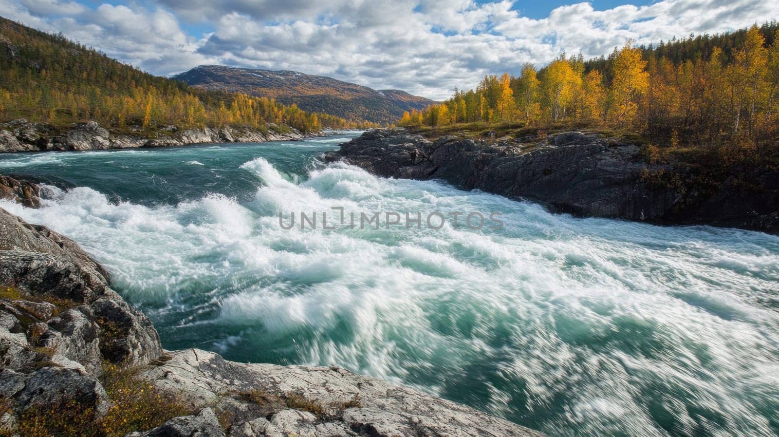 Powerful river rapids flowing through a scenic landscape with colorful autumn foliage in norway