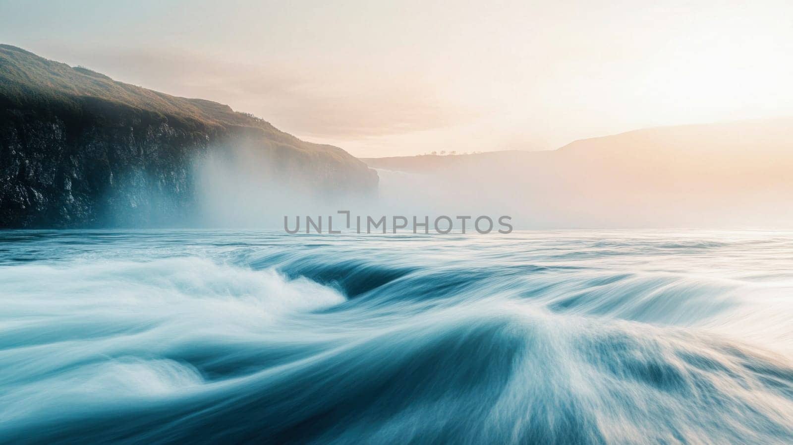 Long exposure of godafoss waterfall flowing into skjalfandafljot river at sunset, iceland