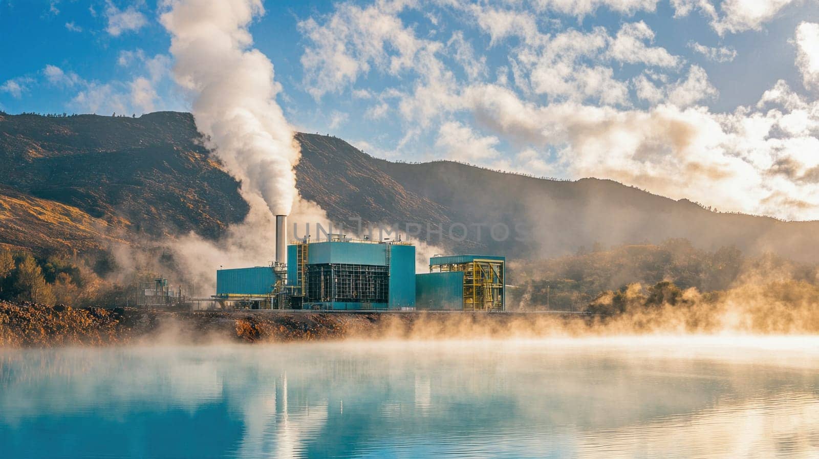 Geothermal power station releasing steam by a lake, providing sustainable and clean energy