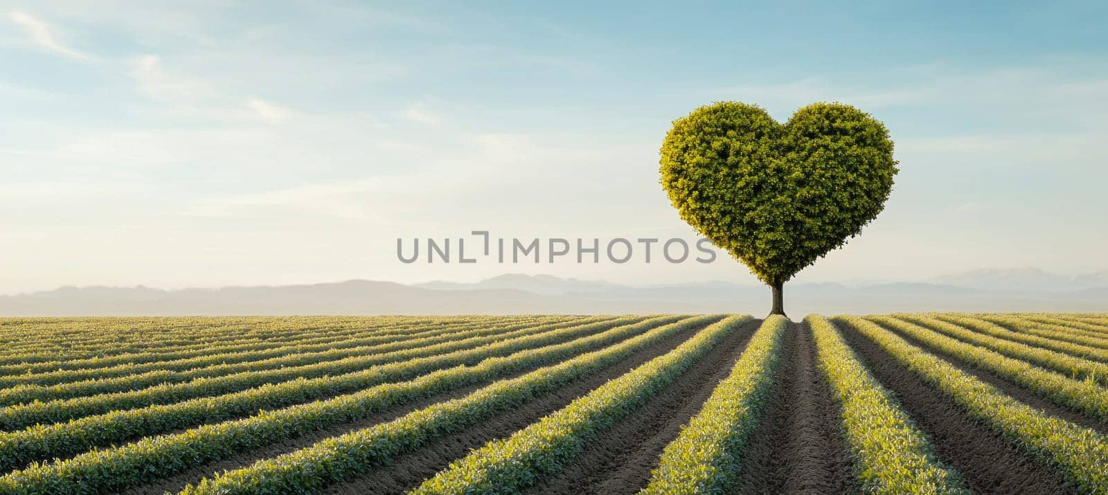 Lonely heart shaped tree growing in a cultivated field at sunset