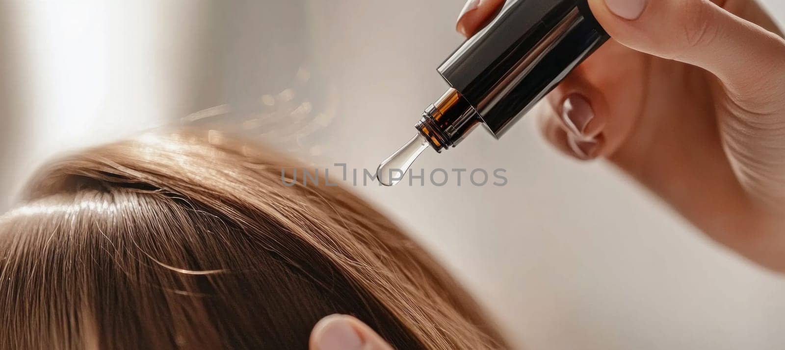 Close up of beautician applying hair oil treatment from dropper bottle, promoting healthy hair growth and care