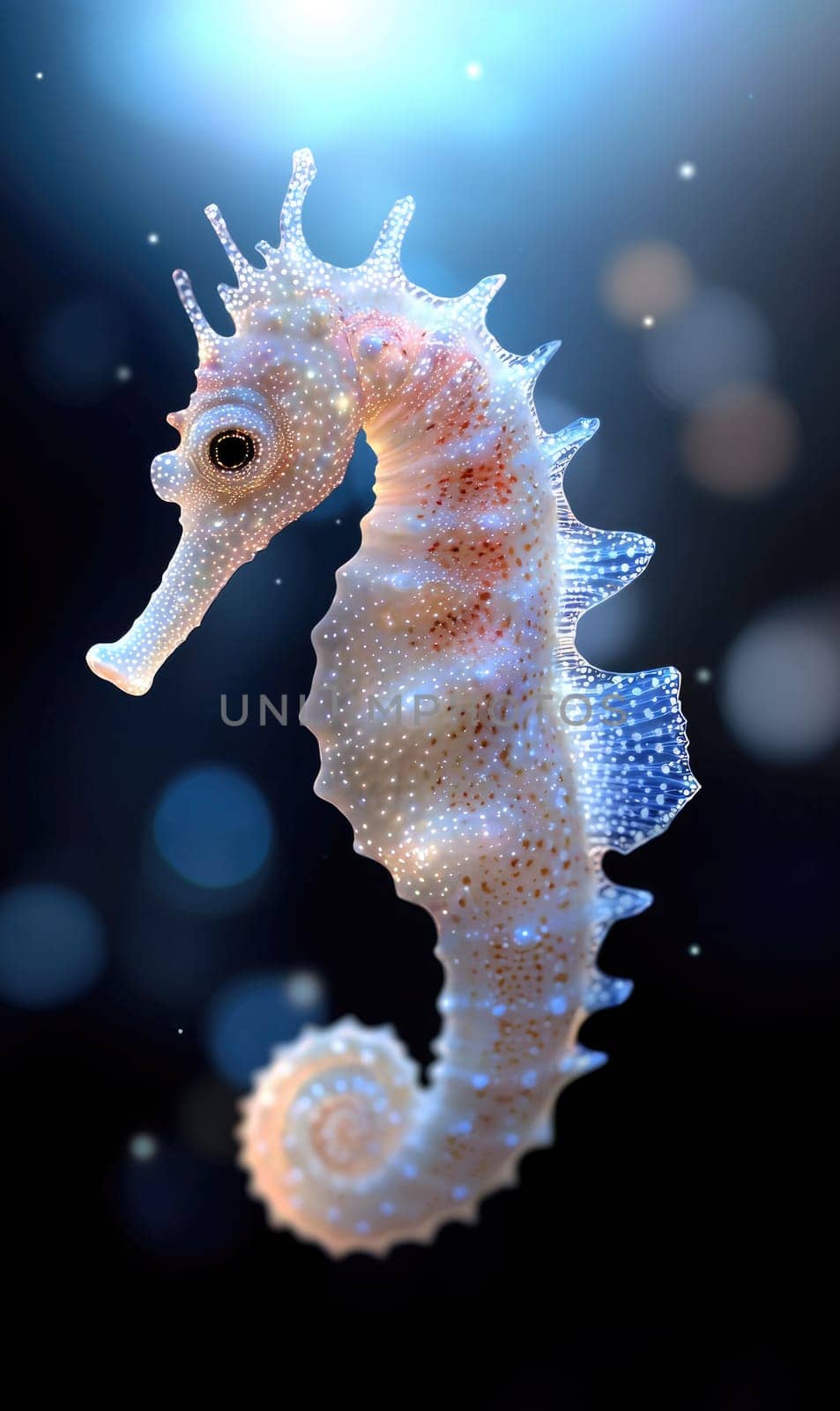 Glowing Seahorse: Bioluminescent fractal design, intricate patterns, radiant colors, mesmerizing glow, marine elegance, underwater beauty, unique visualization, luminous effect, surreal ocean life