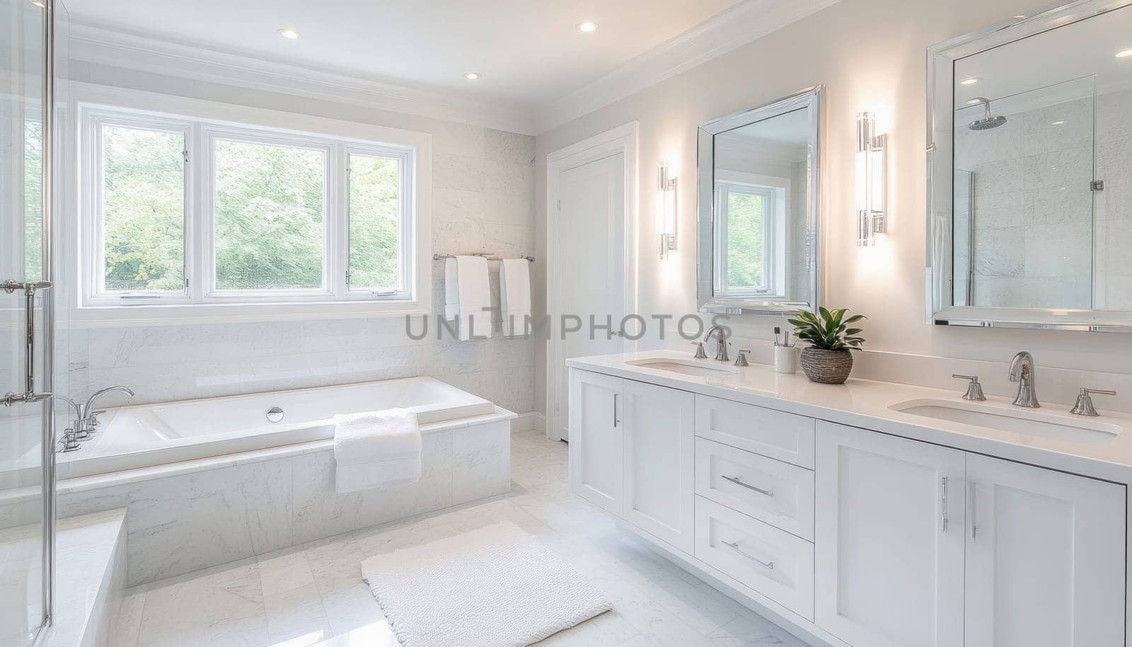 Bright, clean, and spacious white bathroom featuring a double sink vanity, soaking tub, and large window overlooking greenery