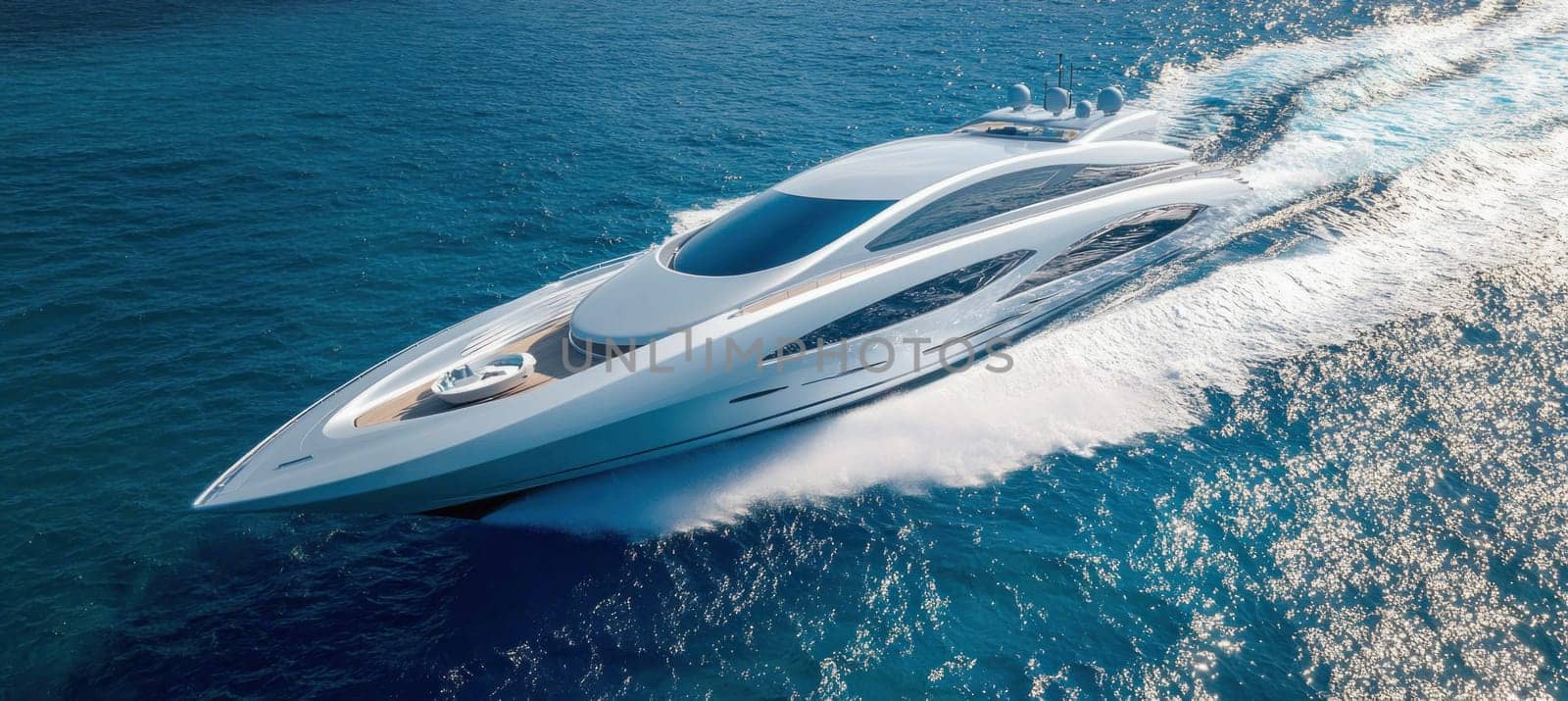 Modern white superyacht cruising at high speed on blue water, leaving a wake behind
