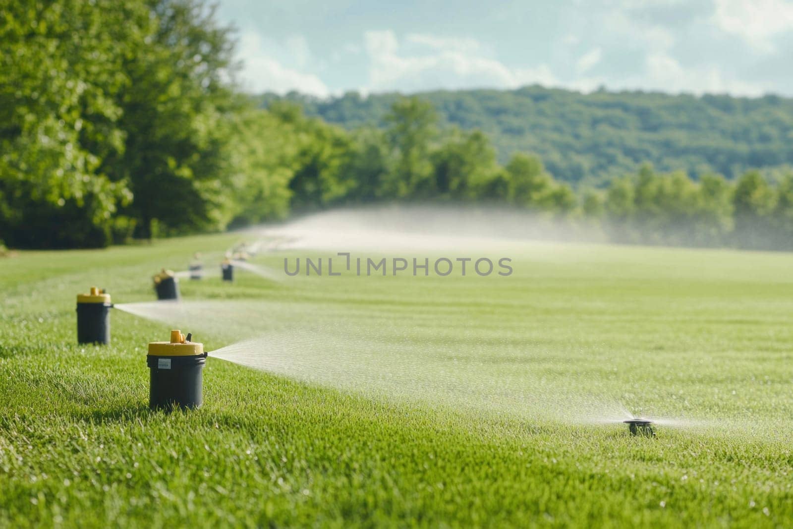 Automatic sprinkler system watering green grass on golf course or football field