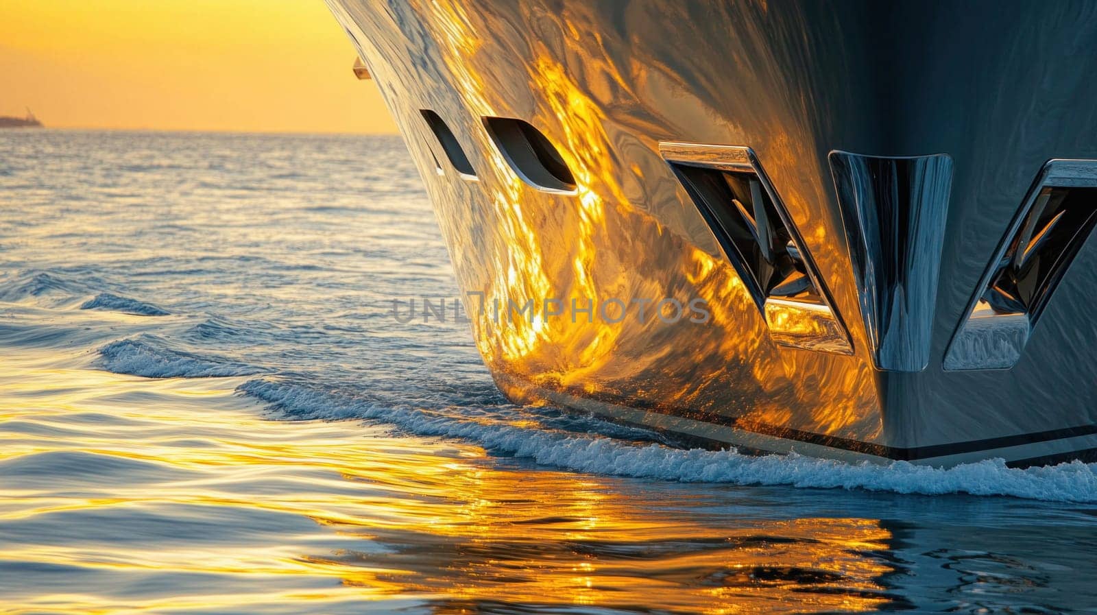Sleek yacht bow reflecting golden sunset light while navigating calm waters