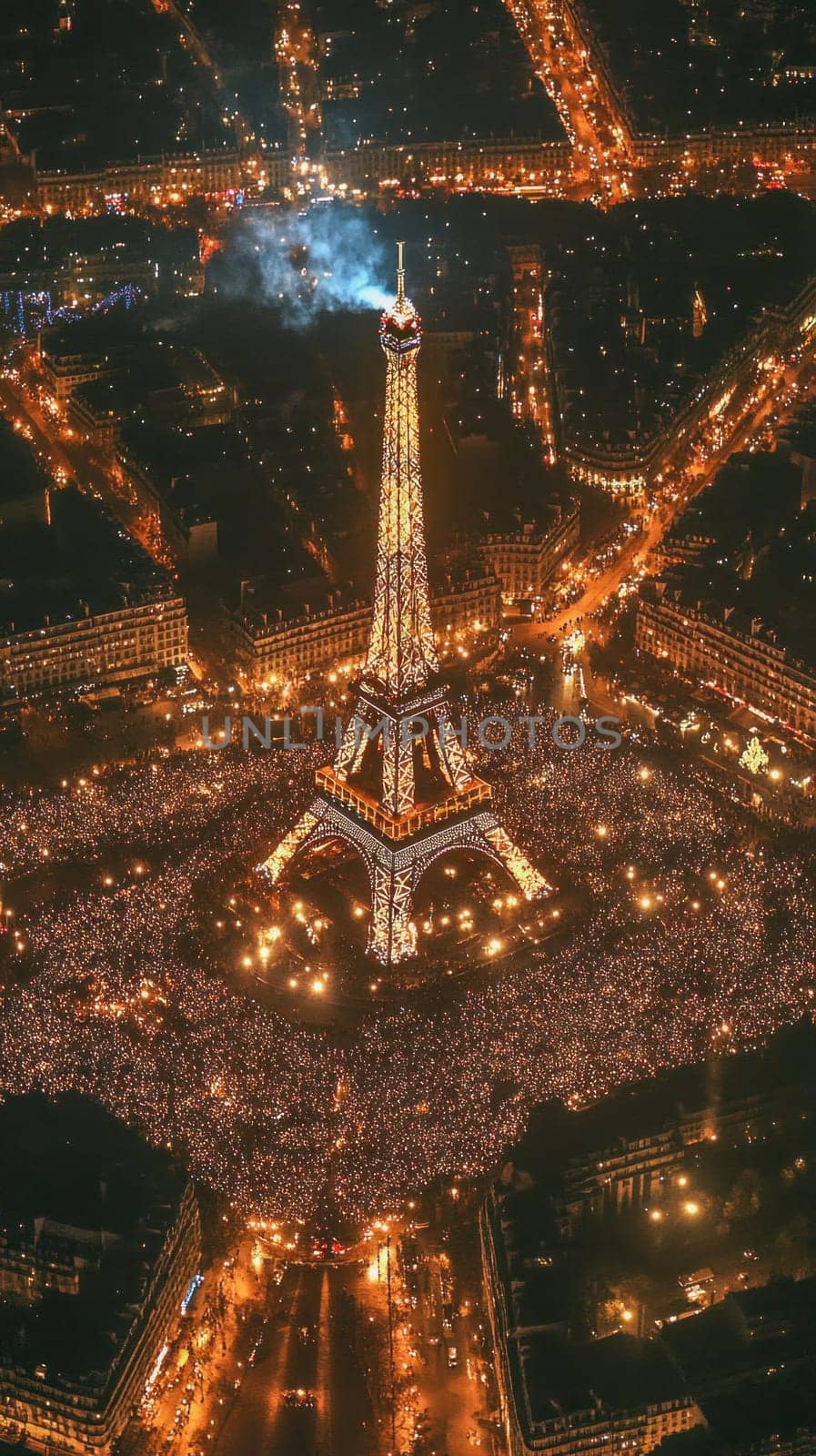 Illuminated eiffel tower surrounded by a large crowd during a festive night celebration in paris, france