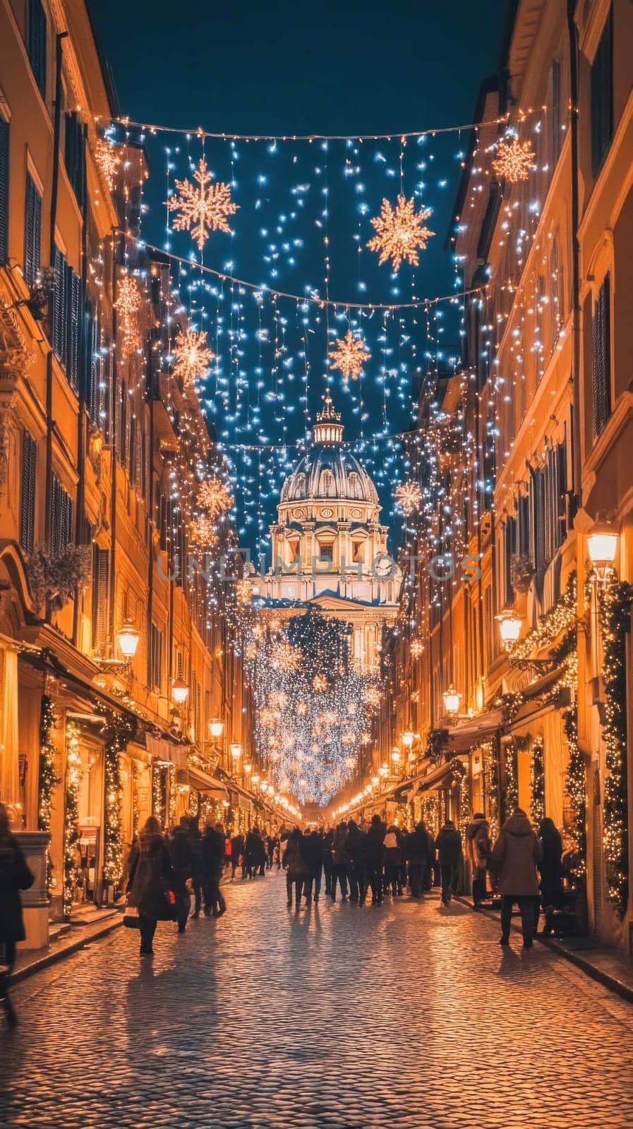 Shoppers strolling down via dei condotti in rome at christmas time with festive lights and decorations