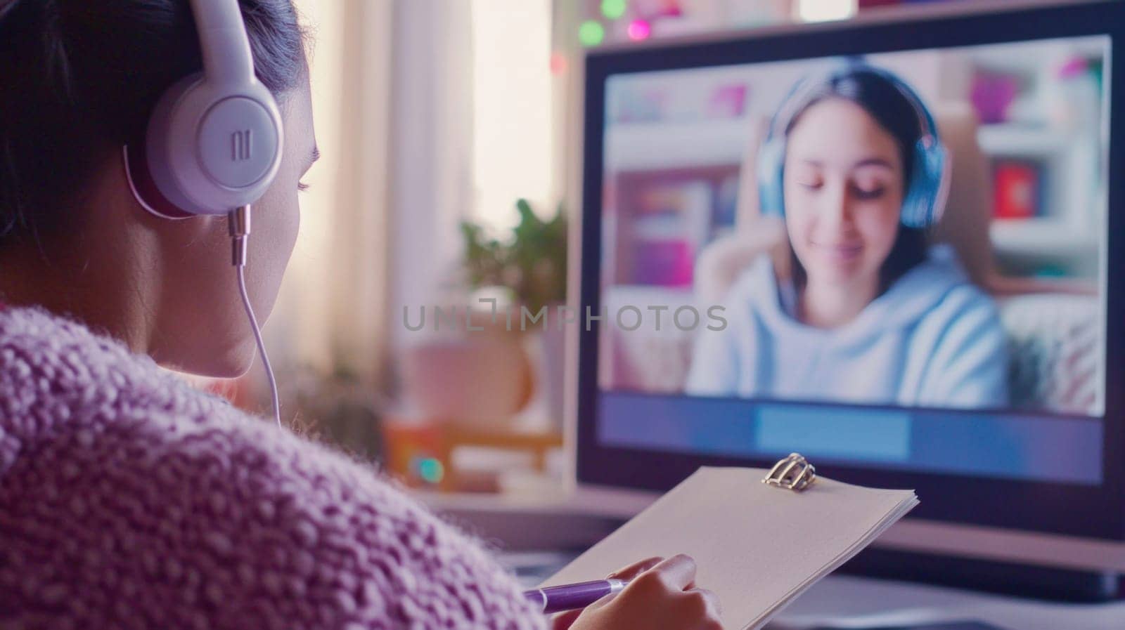 Focused student wearing headphones taking notes during online class using computer