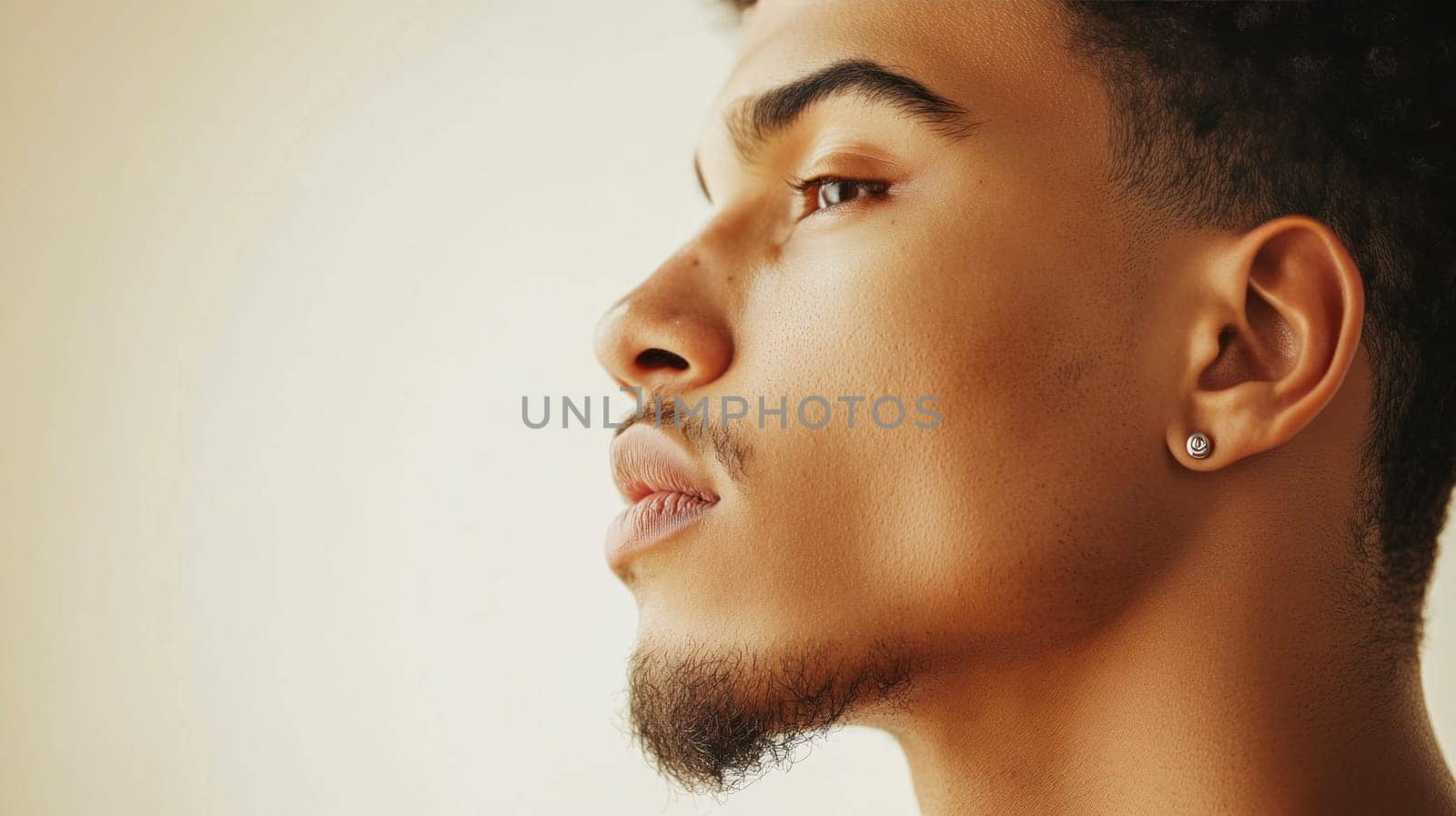 Profile of a male model with a goatee and mustache wearing an earring