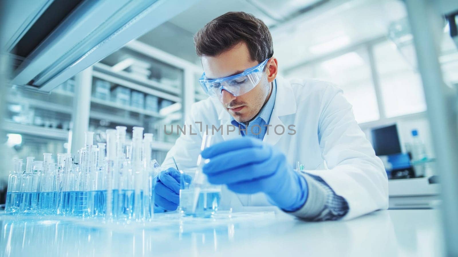 Scientist wearing protective glasses and gloves mixing chemicals in a laboratory setting using test tubes and flasks