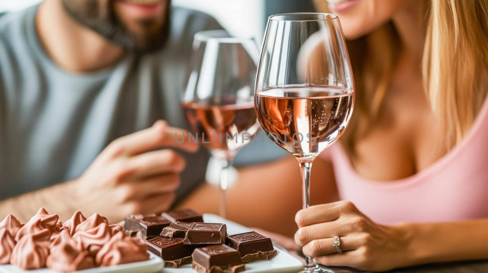 Couple sharing a romantic moment with glasses of rose wine and chocolate treats