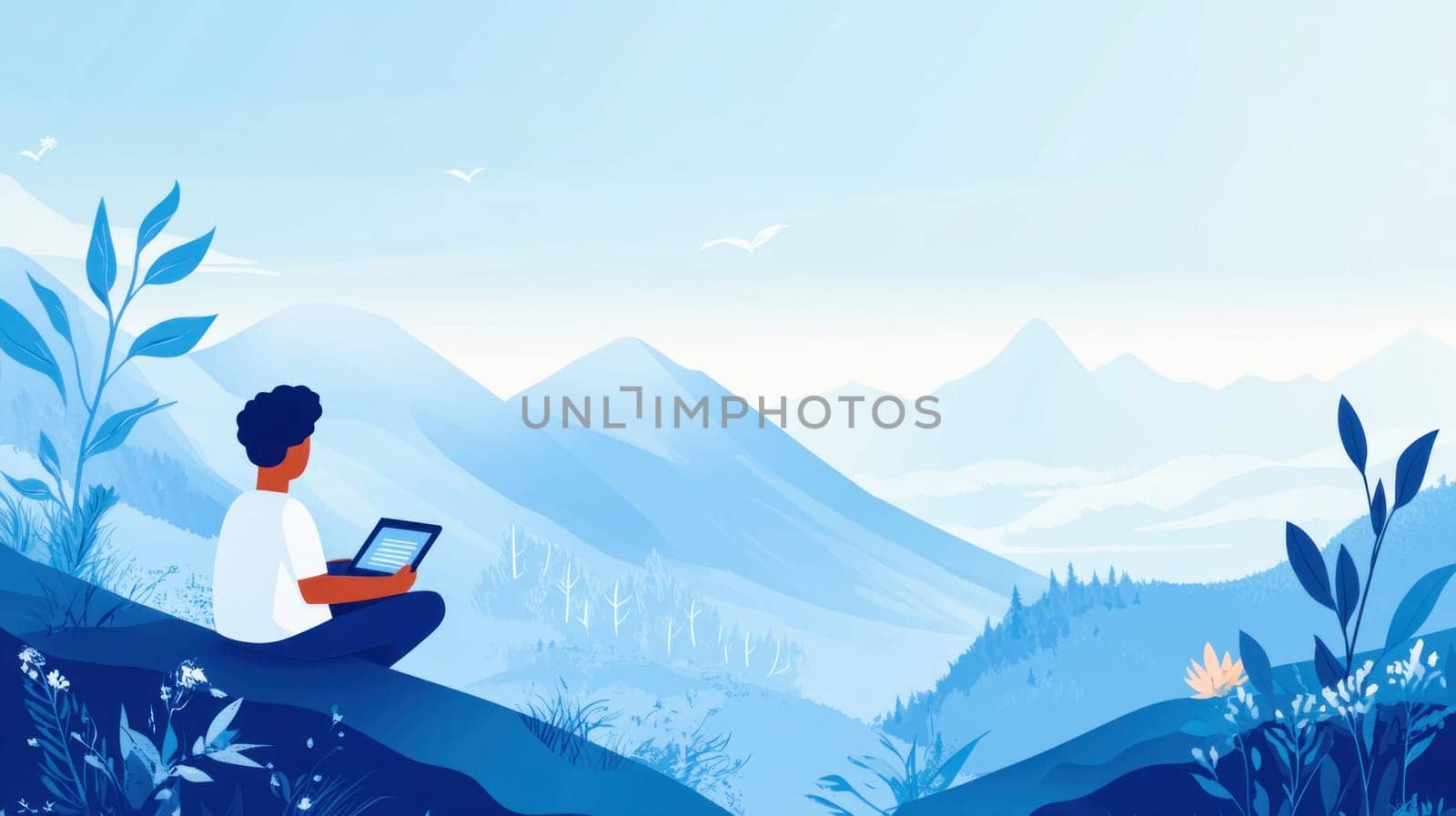 Freelancer is working remotely on a tablet while enjoying a beautiful mountain view