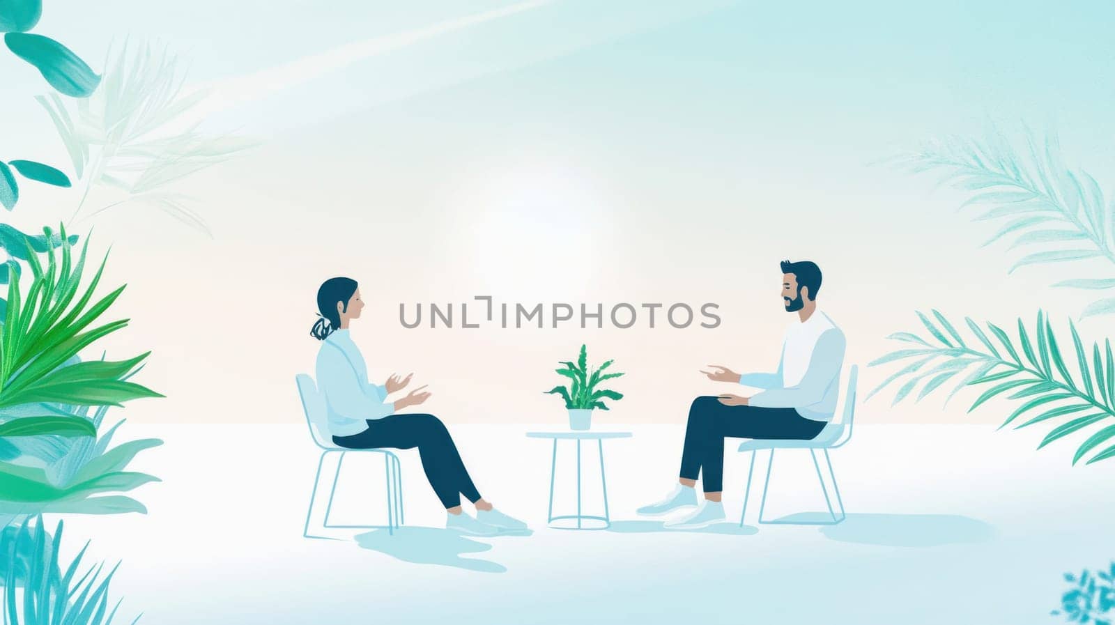 Two business people are discussing during a meeting in a relaxing tropical environment, surrounded by plants