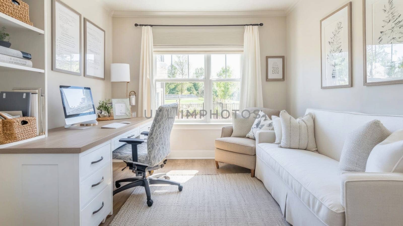 Bright home office with comfortable sofa, desk and large window overlooking backyard in a contemporary style