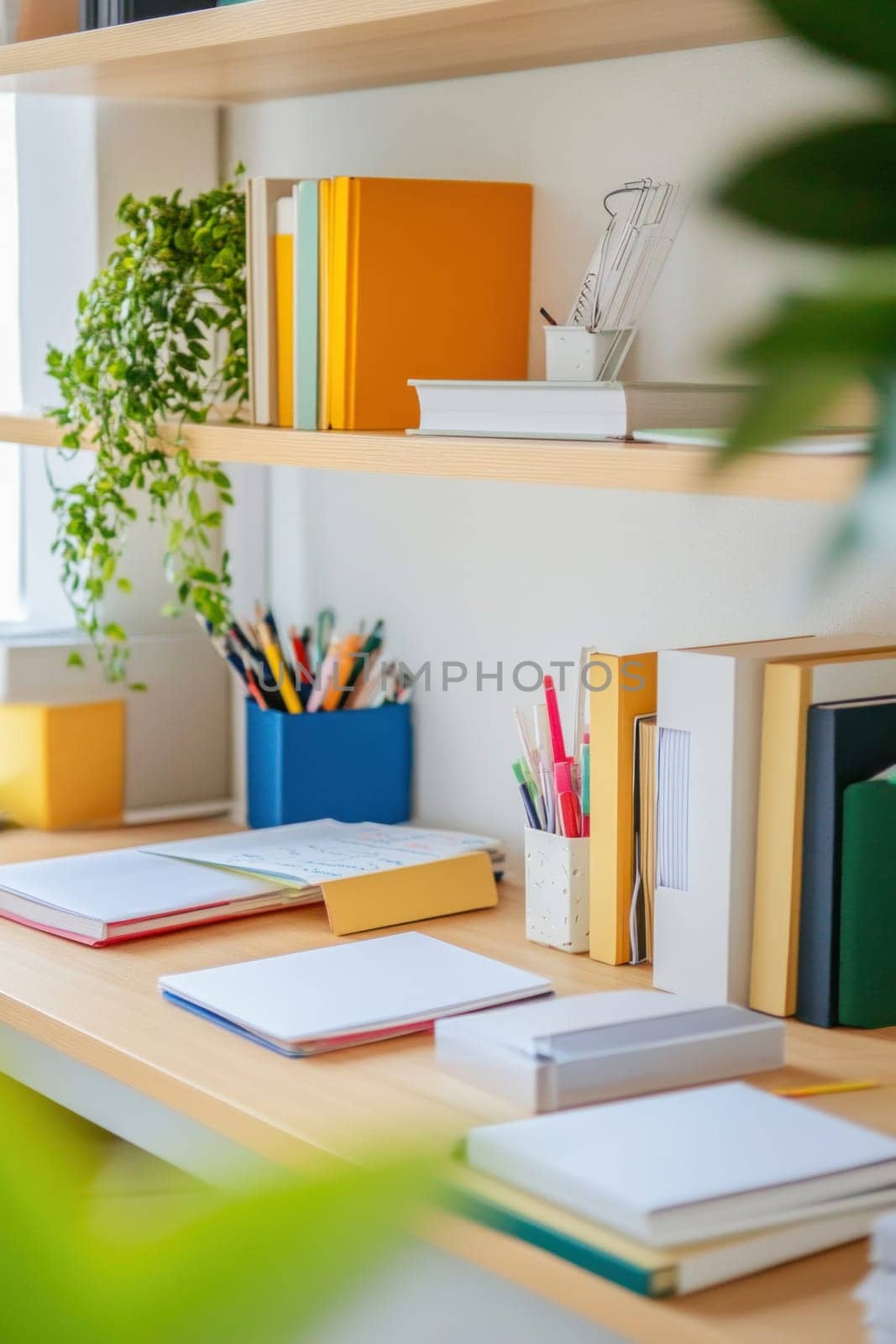 Home office desk with colorful books, notebooks and pens, creating a vibrant workspace for studying or working