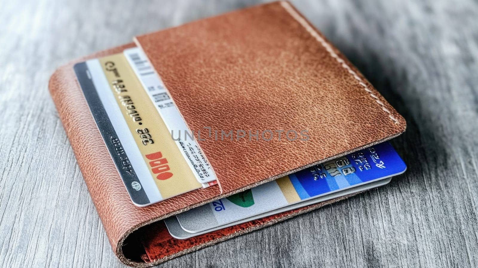 Leather bifold wallet containing credit cards resting on a wooden table, showcasing personal finance and spending