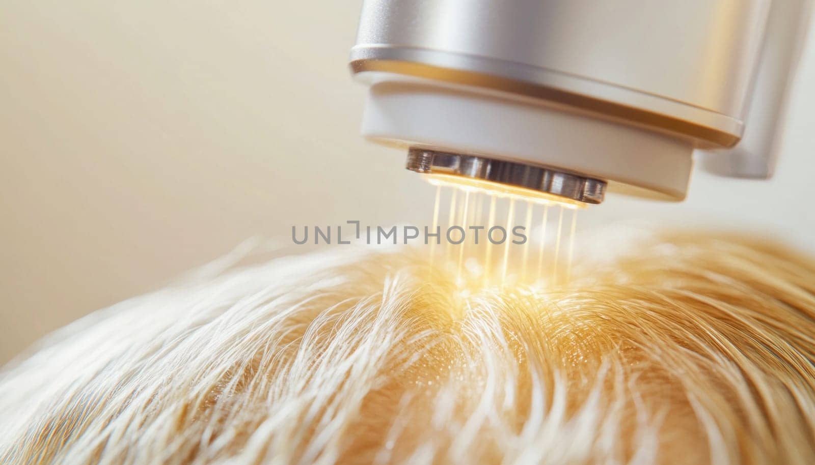 Laser beams stimulating hair growth on client's scalp during professional hair loss treatment