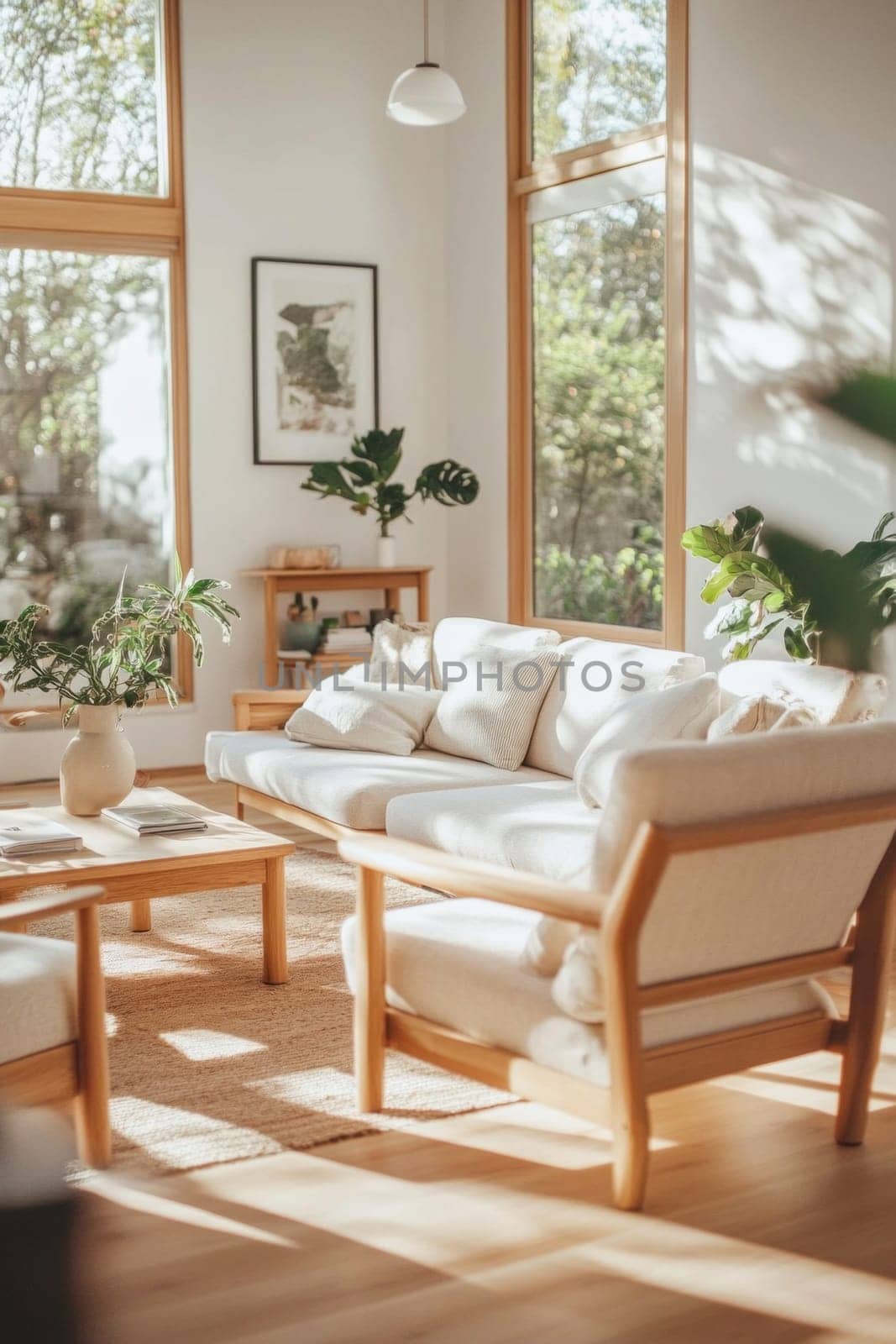 Modern, bright living room with wooden furniture and large windows, creating a cozy and relaxing atmosphere