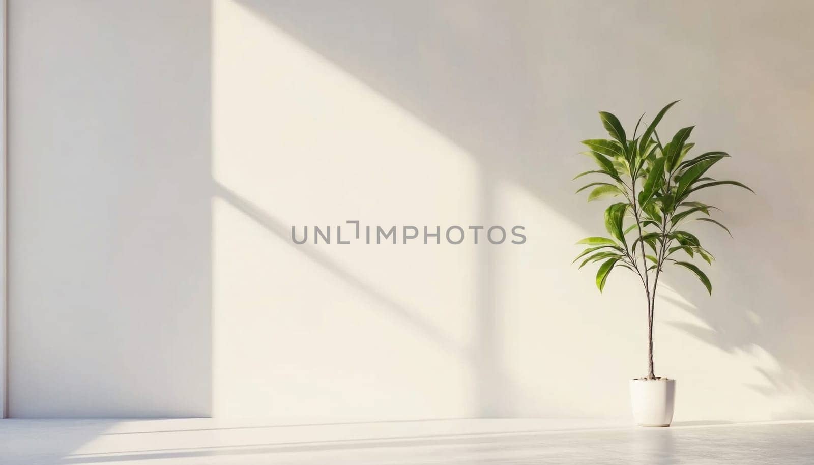 Potted plant in a modern minimalist white interior with sunlight casting shadows through the window