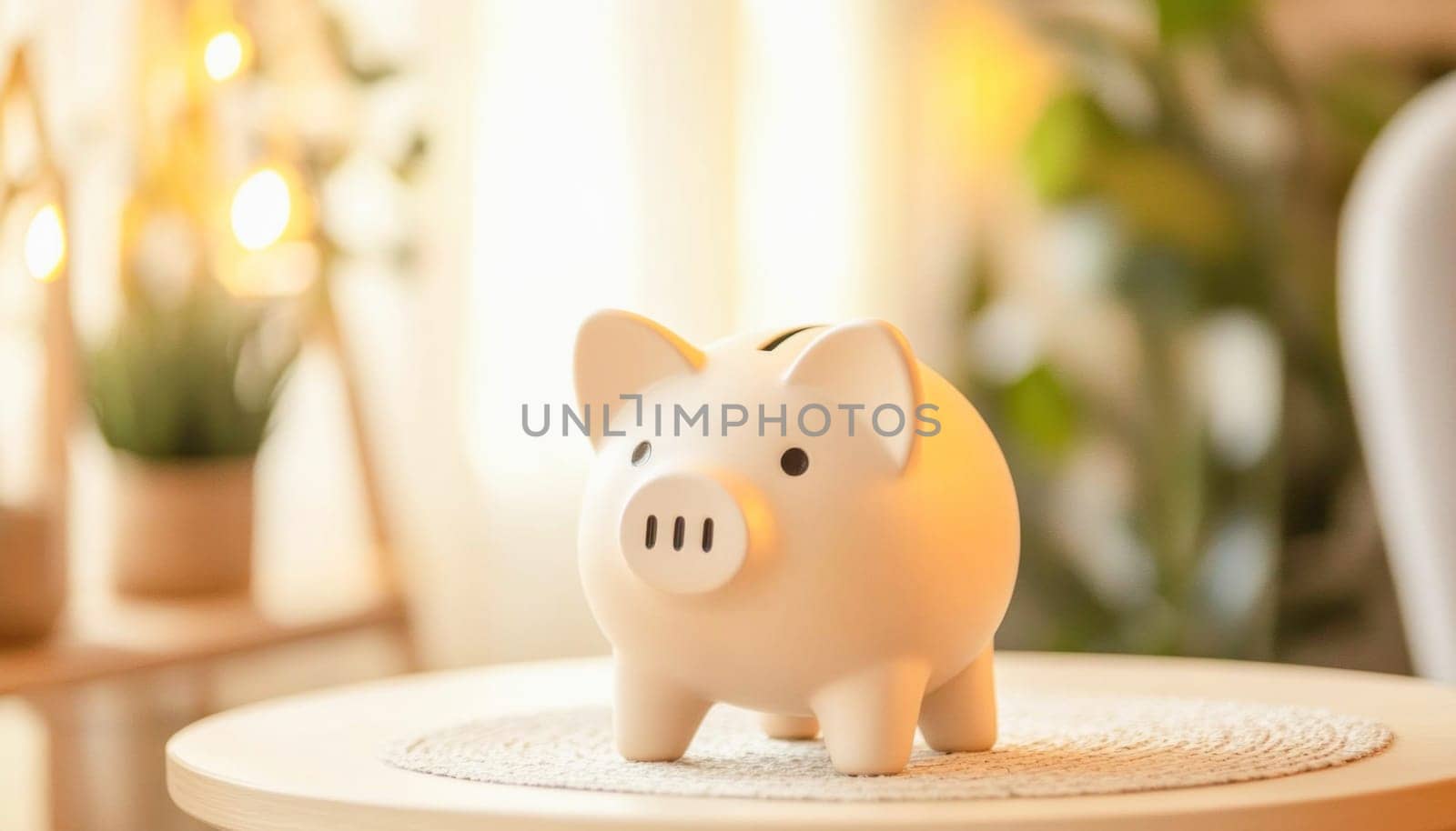 Piggy bank on a table in a cozy living room, symbolizing savings, investment, and financial planning for the future