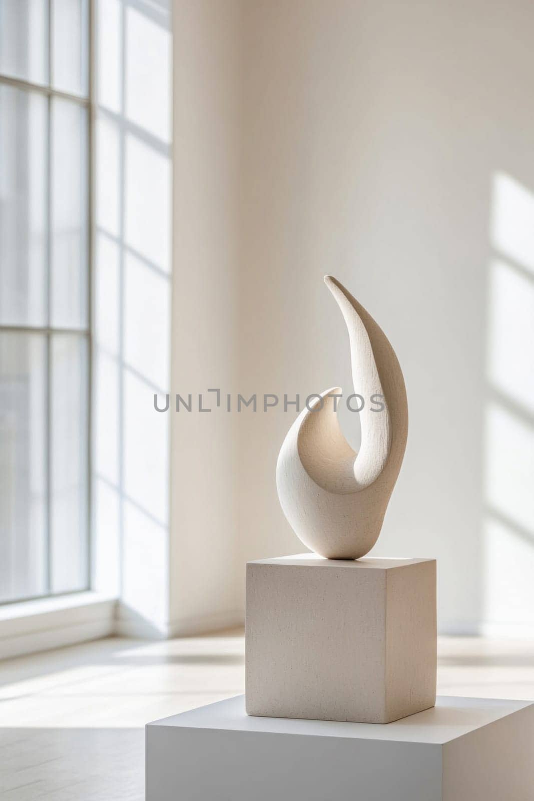 Beige abstract ceramic sculpture on a pedestal in a minimal bright art gallery or museum