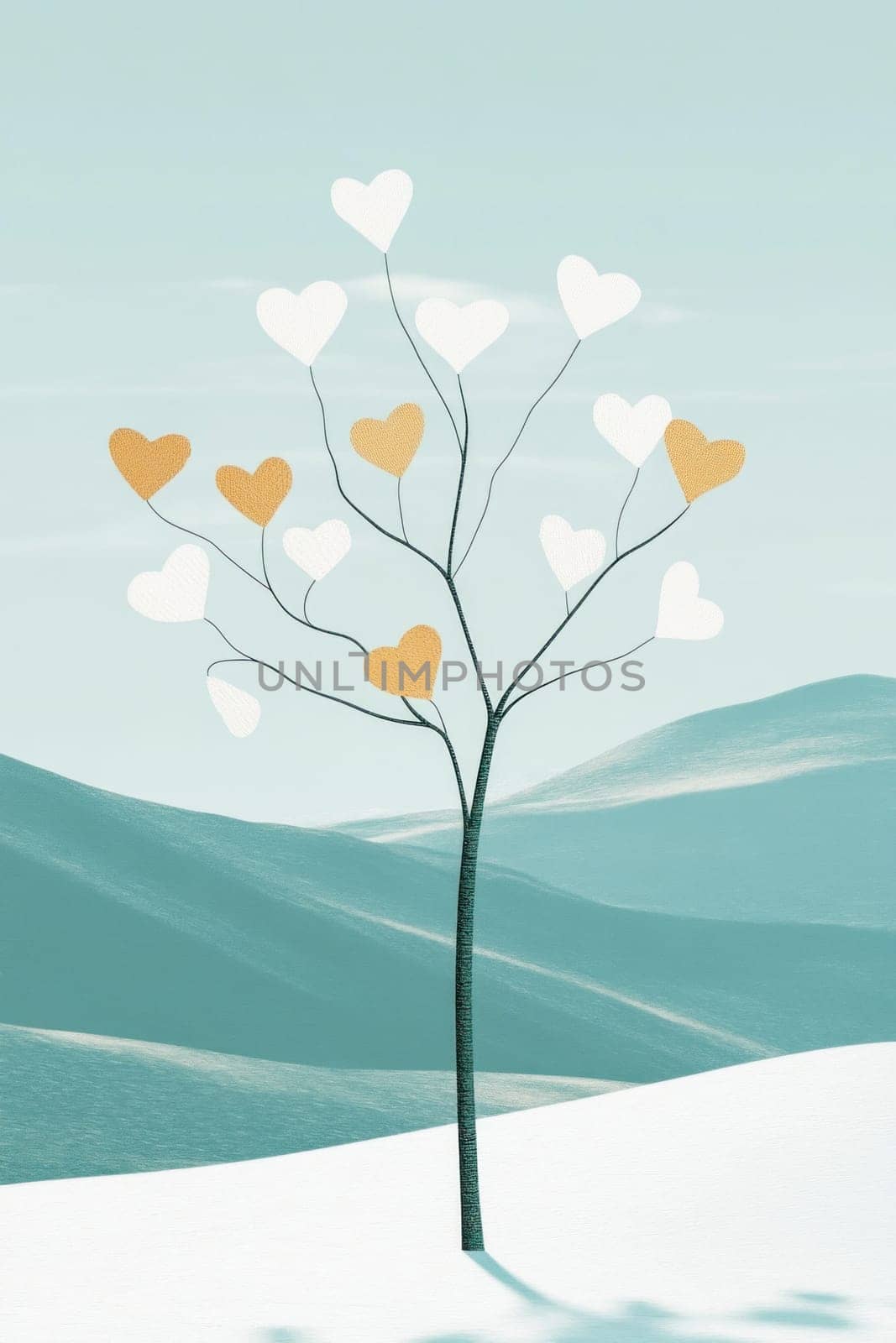 Stylized love tree growing white and gold hearts in a beautiful snowy landscape with rolling hills