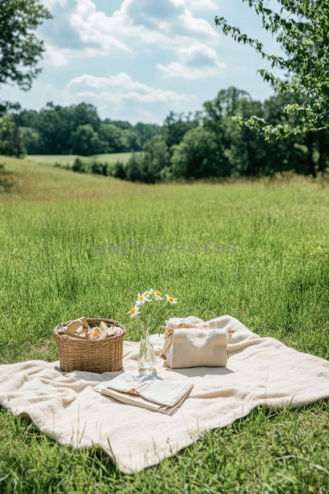 Enjoying a peaceful summer picnic in a meadow, featuring a blanket, basket, flowers, and napkins