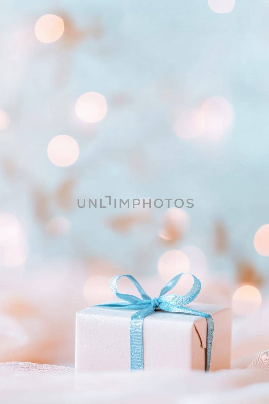 Elegant white gift box with light blue bow on pastel blue bokeh background, creating a festive and dreamy atmosphere