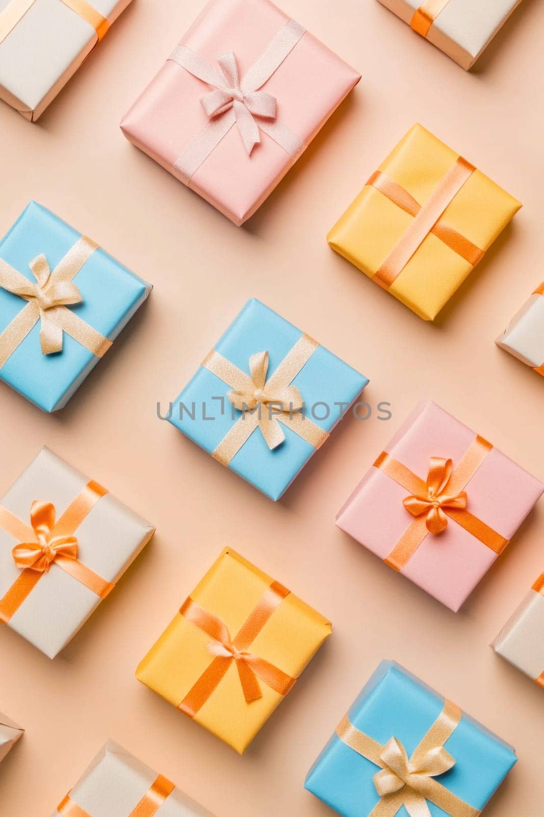 Small gift boxes tied with colorful ribbons are creating a beautiful festive pattern, ideal for celebrations and special occasions