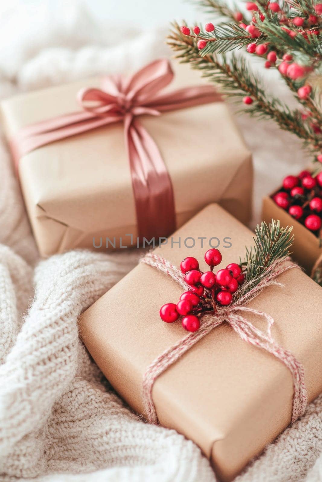 Christmas gifts wrapped in simple kraft paper, tied with twine, adorned with red berries and evergreen sprigs, evoke a sense of cozy, rustic christmas spirit