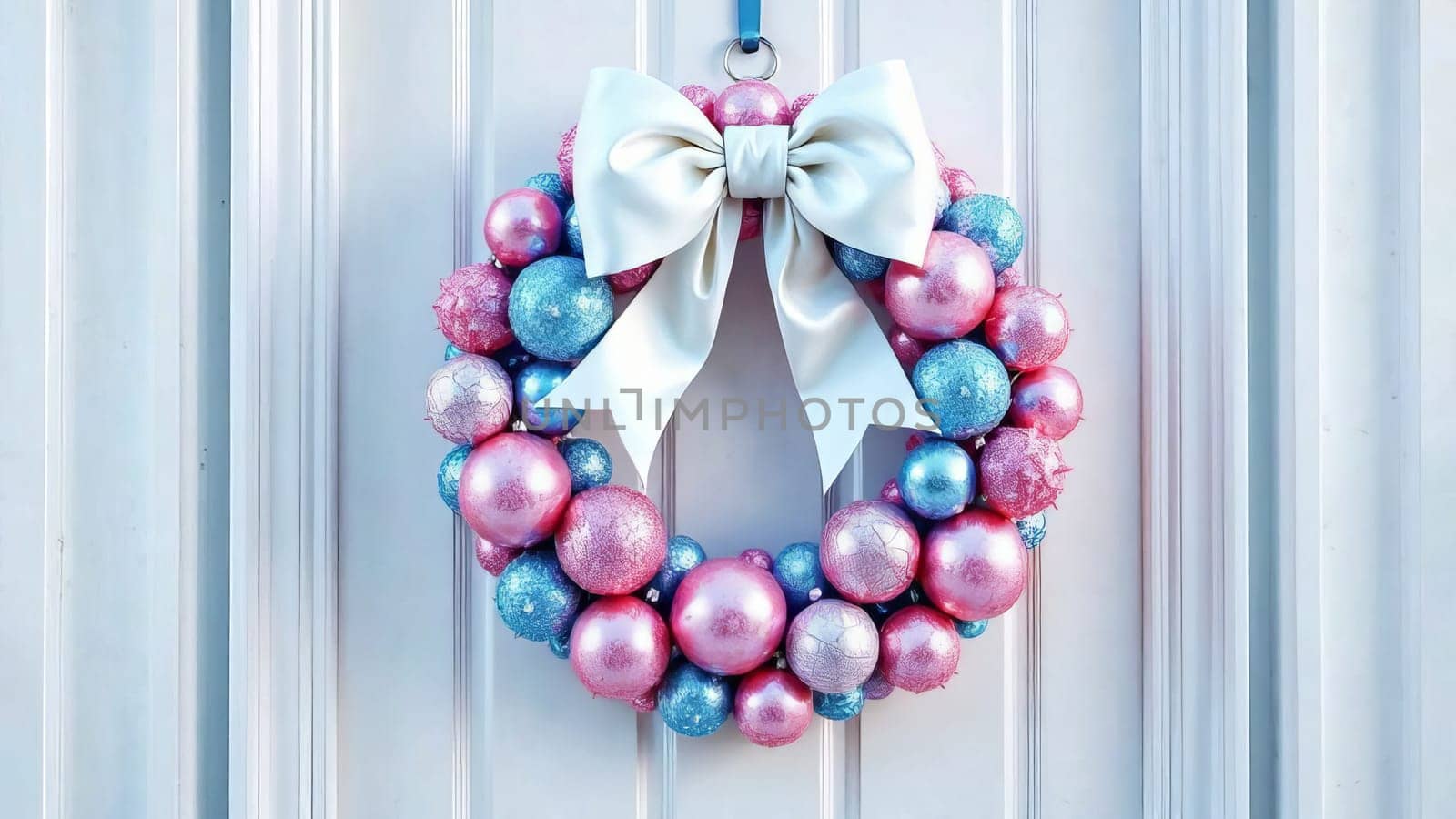 An exquisite wreath on the door, made up of round ornaments of different sizes in pink and blue. AI generated.