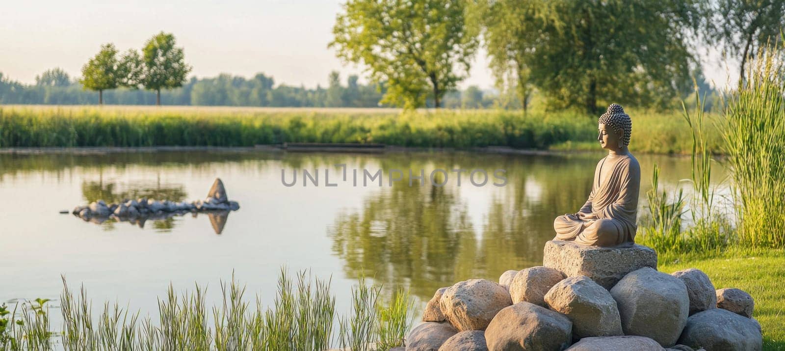 Tranquil scene of a buddha statue meditating by a calm lake at sunrise, surrounded by lush greenery, promoting peace and serenity
