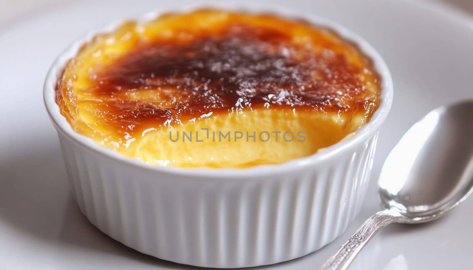 Close up of a creme brulee with its caramelized crust broken, revealing the smooth custard underneath