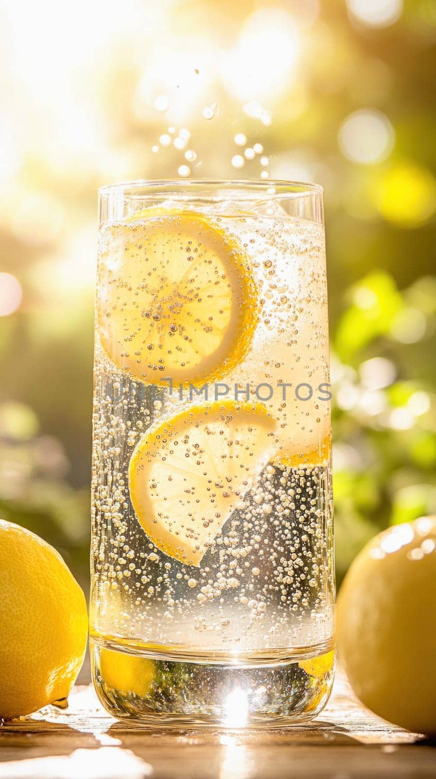 Sparkling water with lemon slices and ice cubes is refreshing on a hot summer day