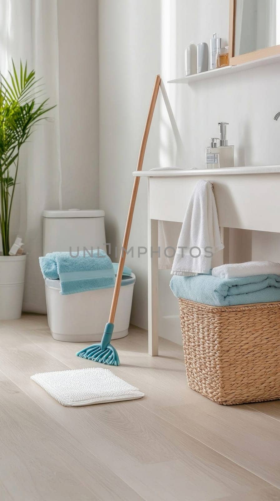 Mop cleaning a bright, modern bathroom floor, ensuring hygiene and a fresh, clean environment
