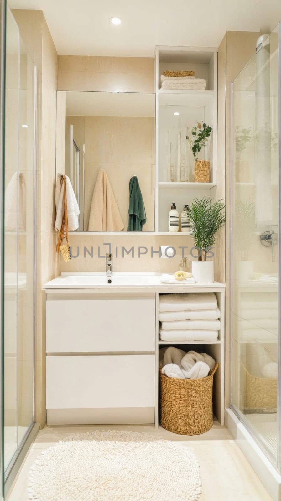 Bright, clean, and modern bathroom showcasing minimalist design with white fixtures, organized towels, and a touch of greenery