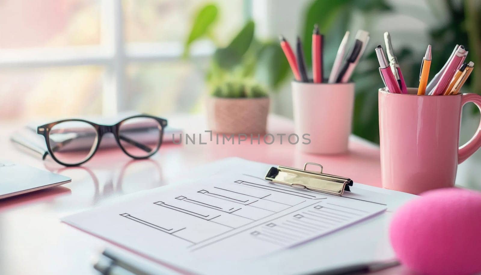 Wireframe sketch on clipboard lying on pink desk with stationery, eyeglasses, laptop, and plant, suggesting a businesswoman working on ux design