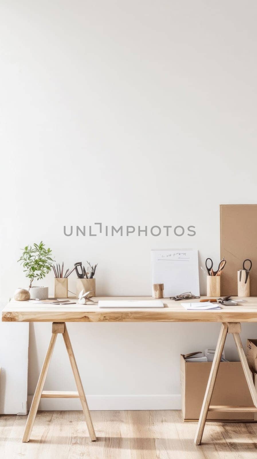 Wooden desk with laptop, stationery, and plant in a minimalist home office setting, promoting productivity and creativity