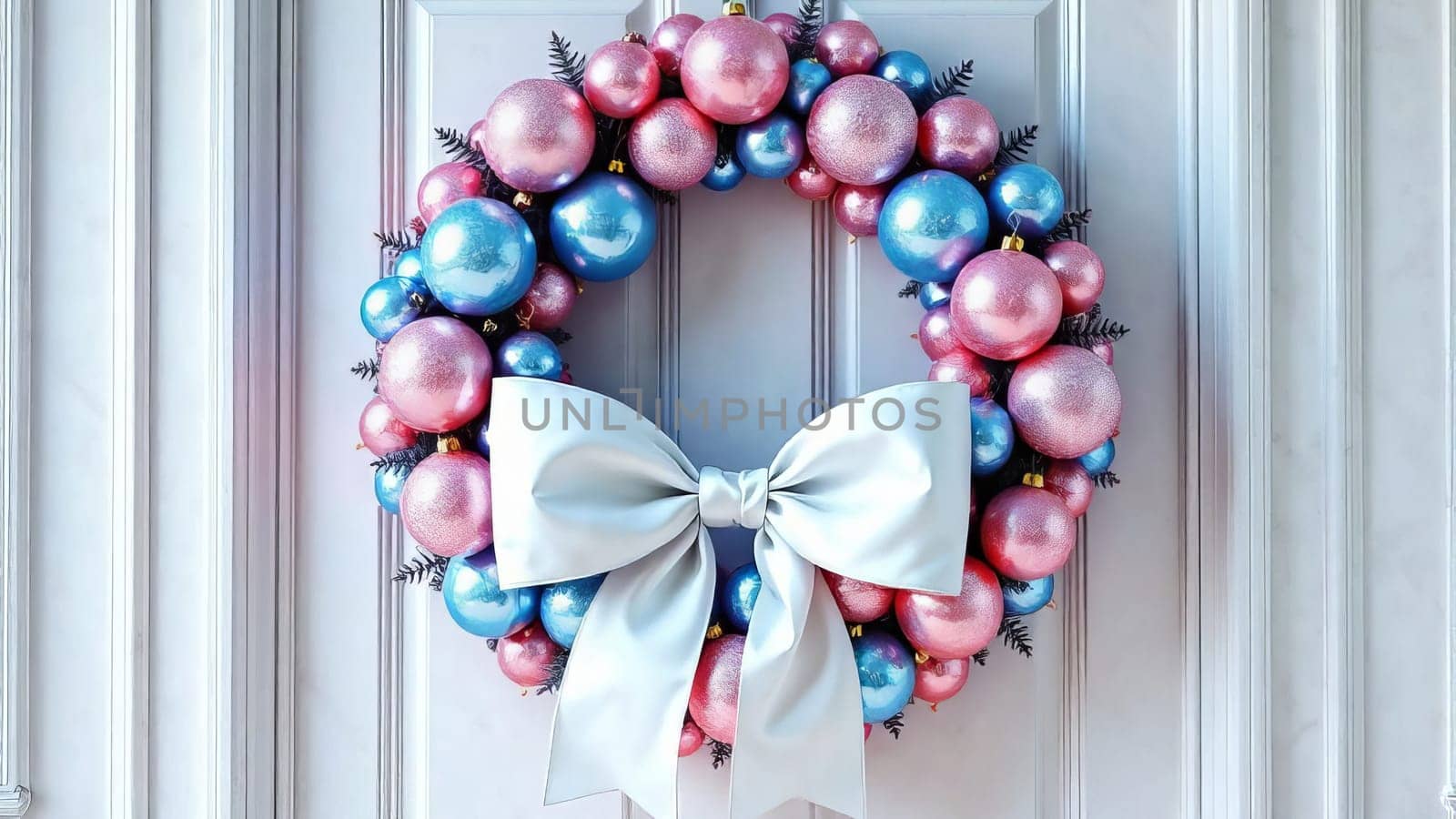 An exquisite wreath on the door, made up of round ornaments of different sizes in pink and blue. AI generated.