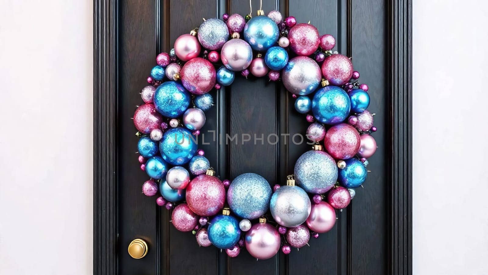 An exquisite wreath on the door, made up of round ornaments of different sizes in pink and blue. AI generated.