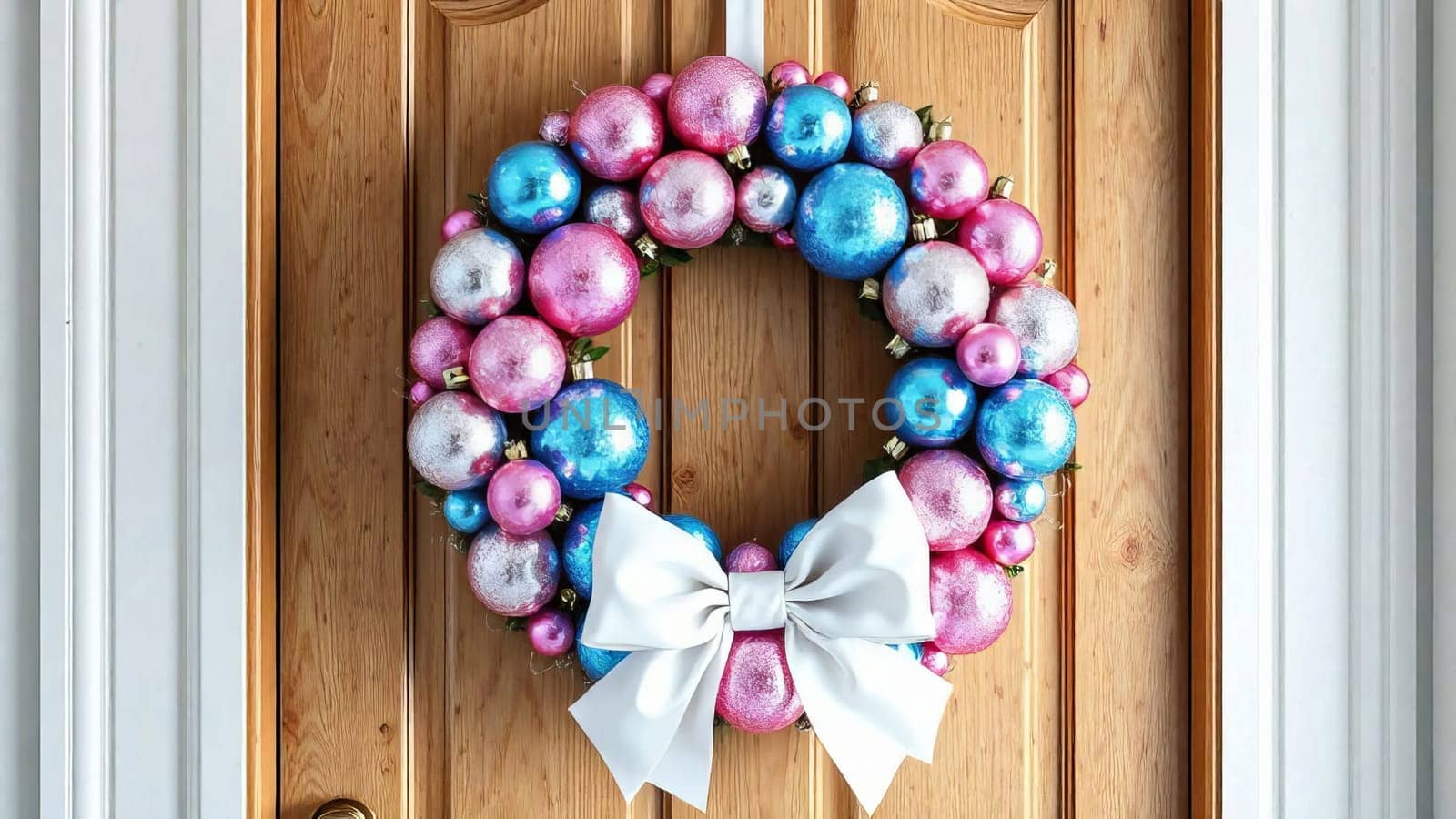 An exquisite wreath on the door, made up of round ornaments of different sizes in pink and blue. AI generated.