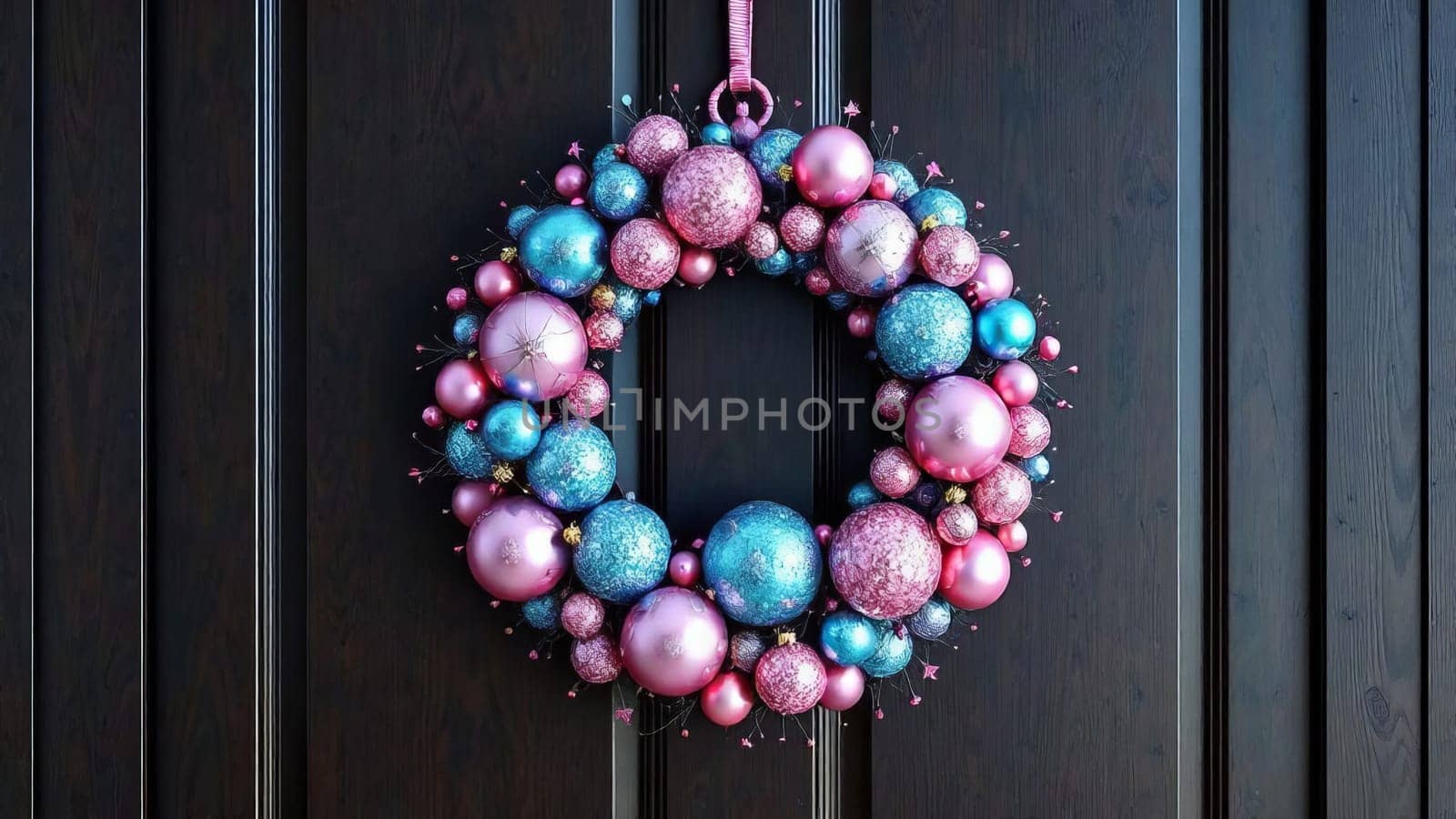 An exquisite wreath on the door, made up of round ornaments of different sizes in pink and blue. AI generated.
