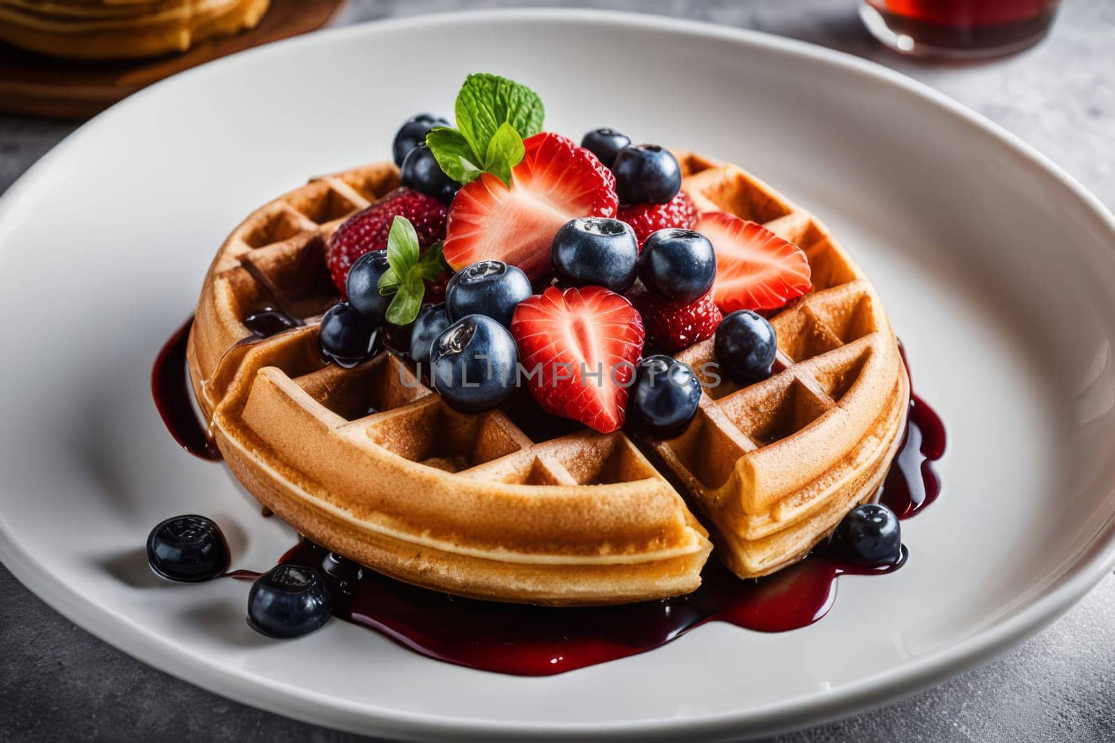 Delectable waffle served with vibrant berries and sweet syrup. Eye-catching presentation makes it perfect for culinary advertisements and engaging food photography