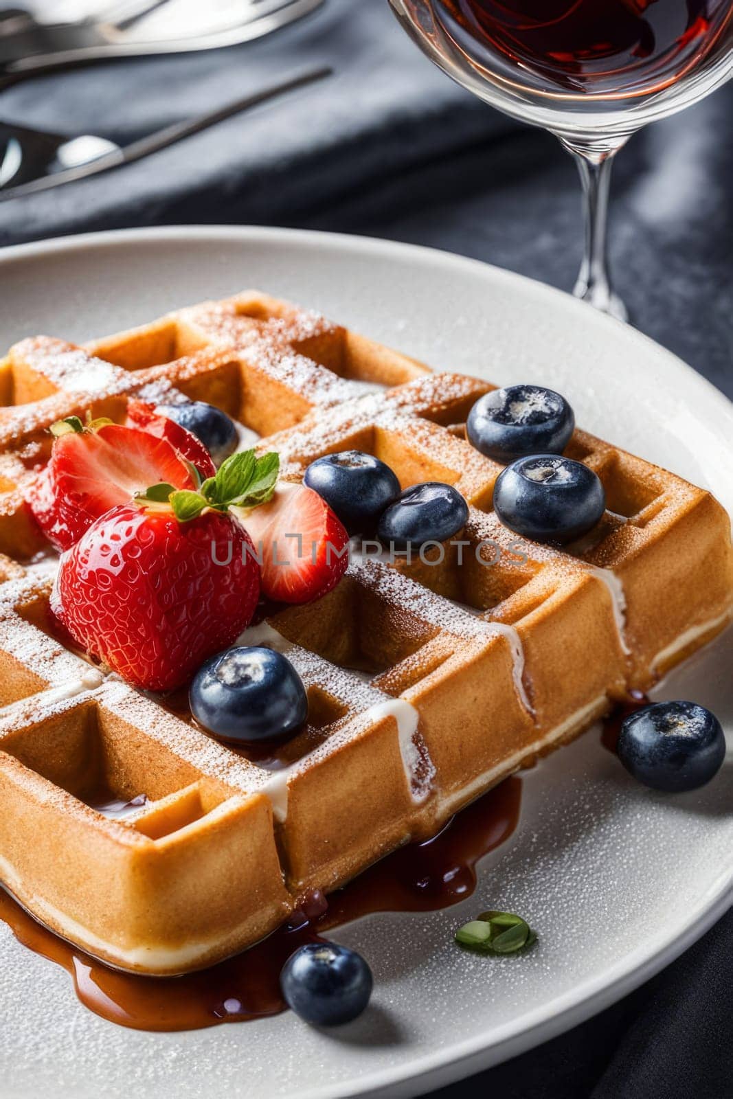 Delectable waffle served with vibrant berries and sweet syrup. Eye-catching presentation makes it perfect for culinary advertisements and engaging food photography