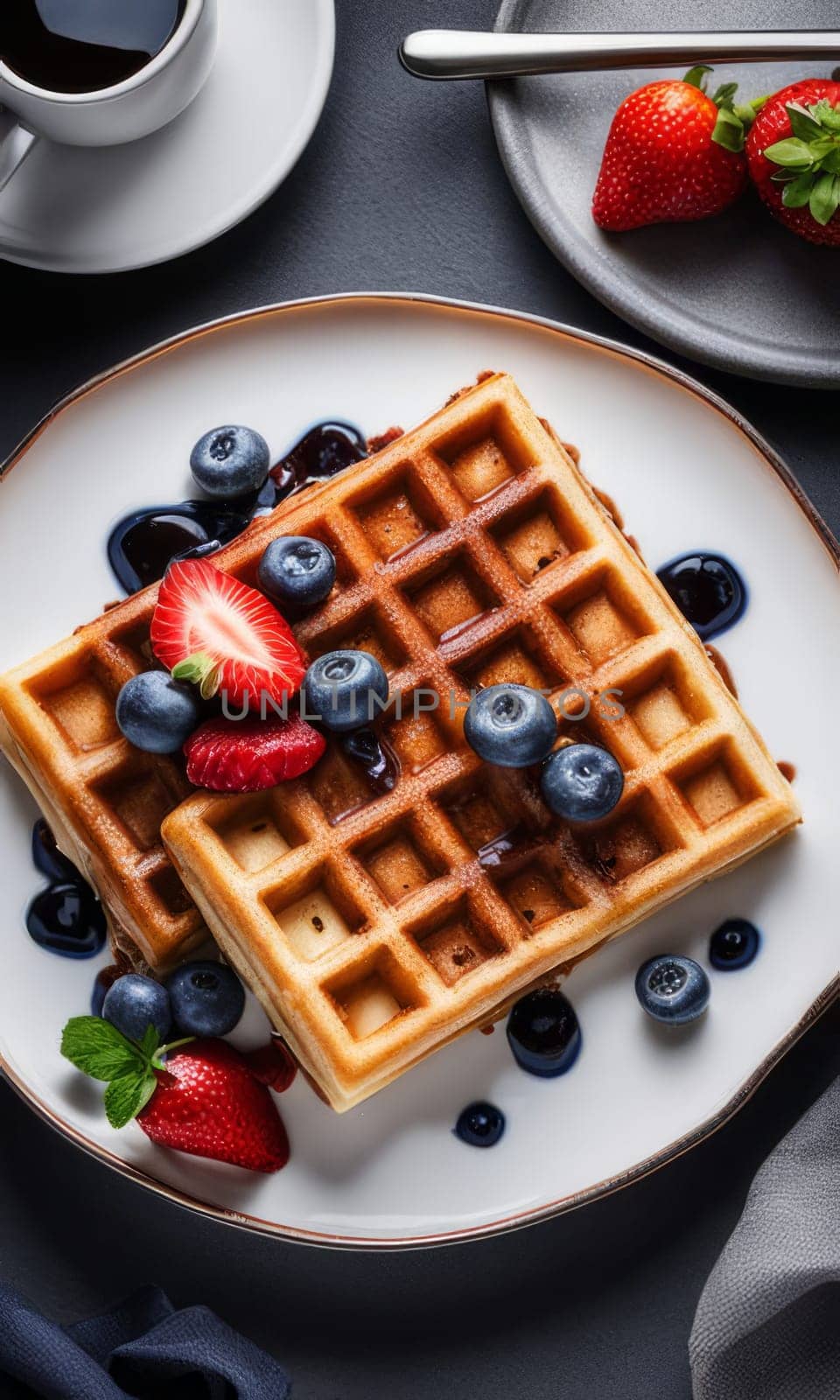 Delectable waffle served with vibrant berries and sweet syrup. Eye-catching presentation makes it perfect for culinary advertisements and engaging food photography