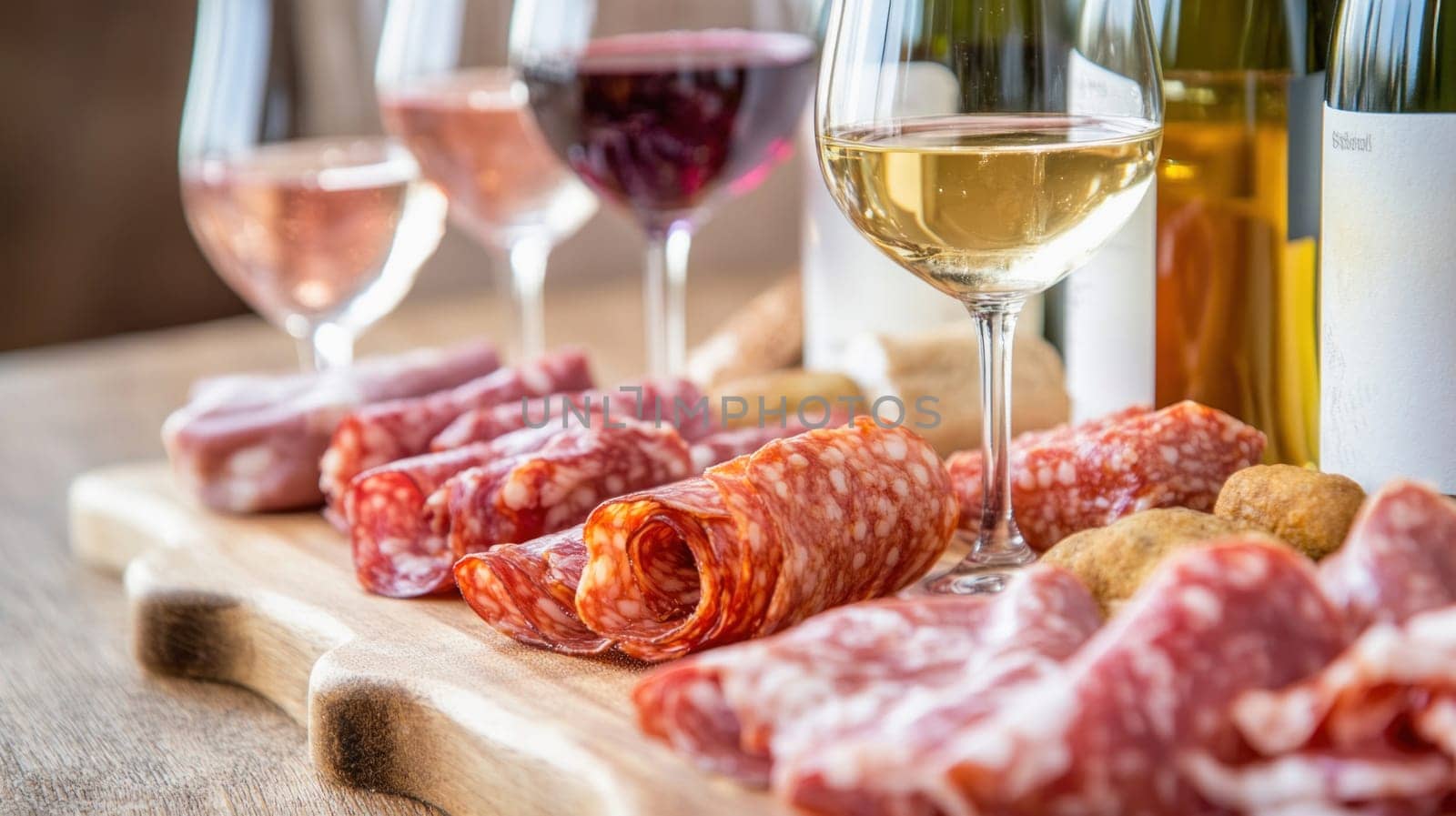 Gourmet selection of salami, prosciutto, and breadsticks paired with various wines for a sophisticated tasting experience